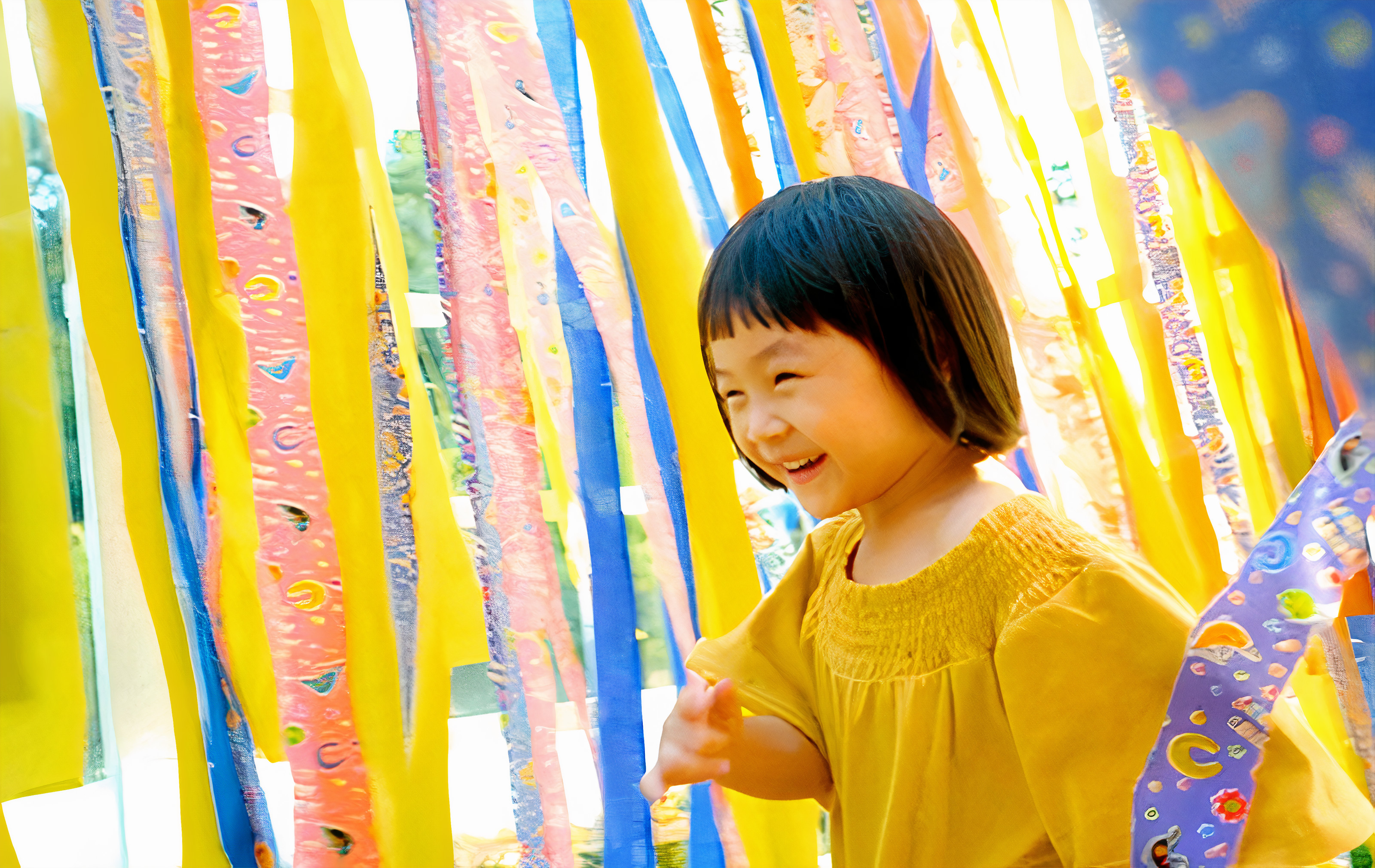 A photo of a child walking through paper streamers